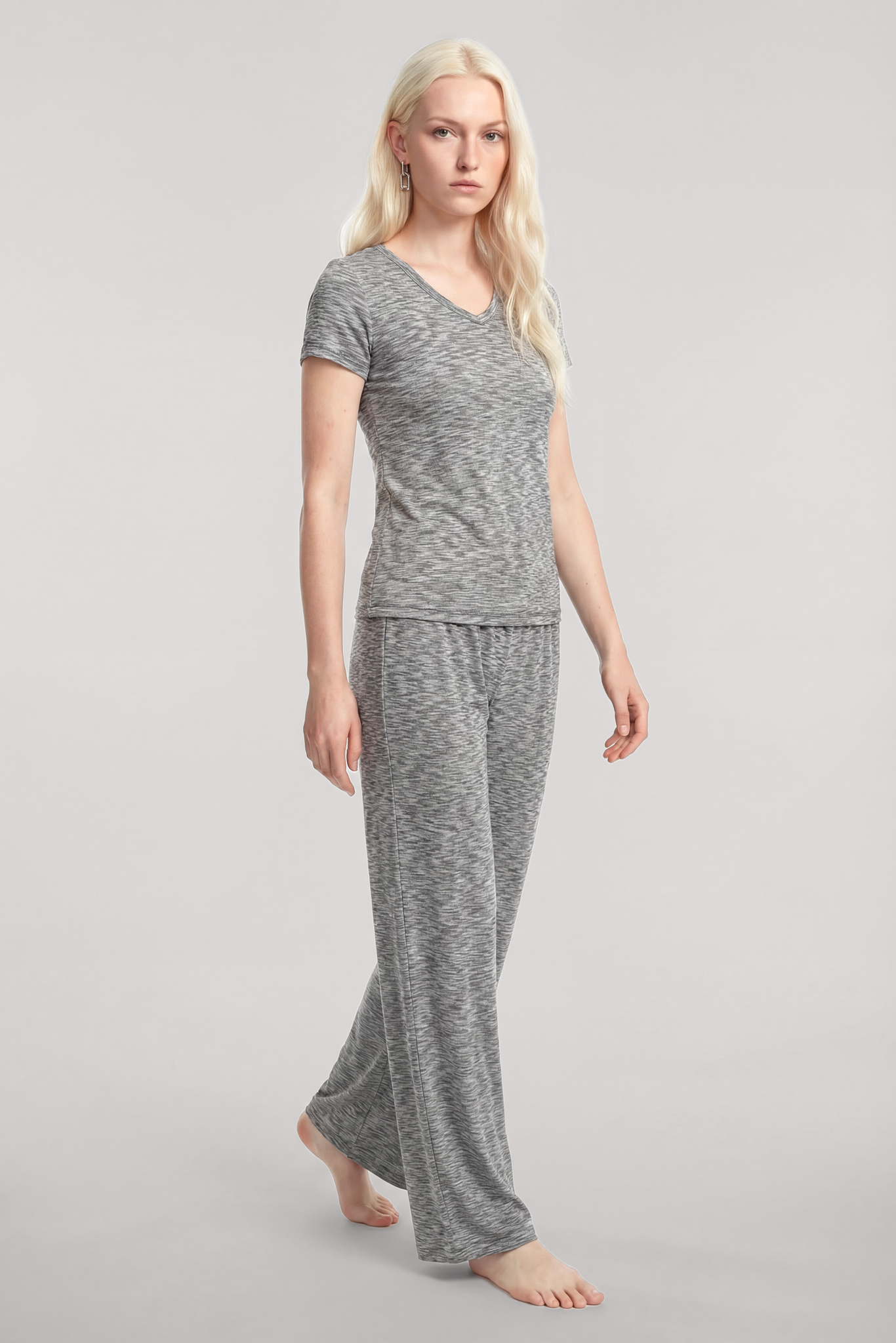 Akbeniz V Yaka Yumuşak Dokulu Pijama Takımı Gri