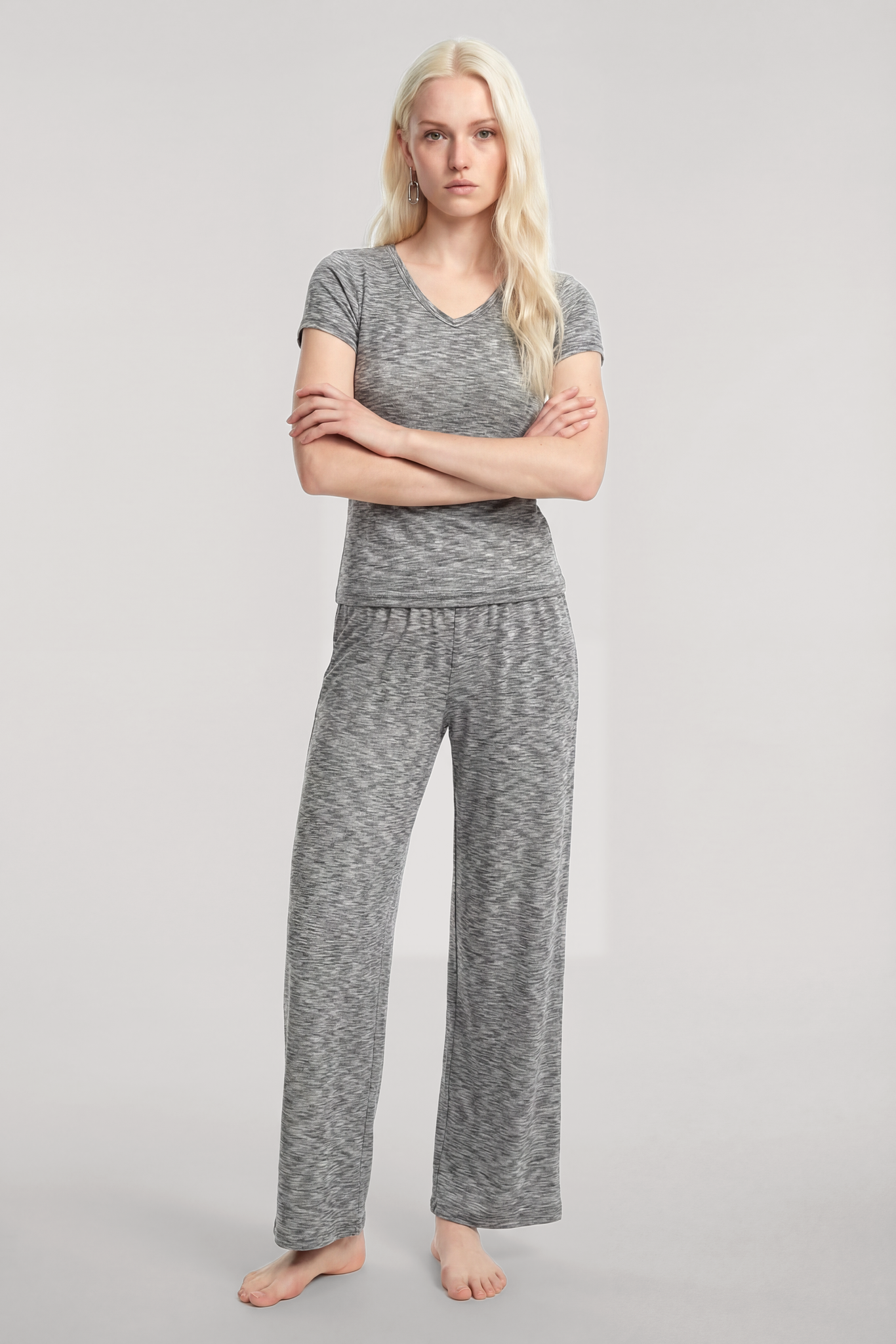 Akbeniz V Yaka Yumuşak Dokulu Pijama Takımı Gri