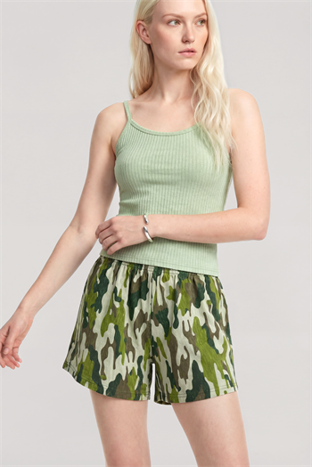 Akbeniz Askılı Ribana Şort Takım Çağla Yeşili Kamuflaj