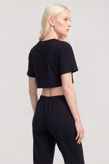 Akbeniz Baskılı Crop T-Shirt Pantolon Takım Siyah