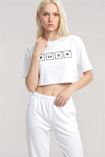 Akbeniz Baskılı Crop T-Shirt Pantolon Takım Beyaz