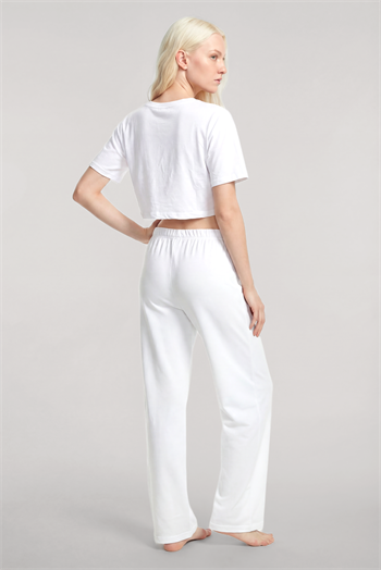 Akbeniz Baskılı Crop T-Shirt Pantolon Takım Beyaz