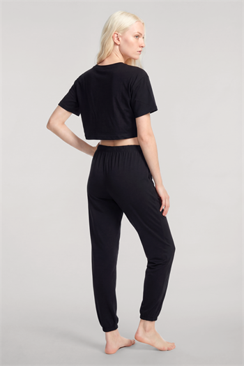 Akbeniz Baskılı Crop T-Shirt Pantolon Takım Siyah