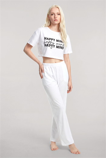 Akbeniz Baskılı Crop T-Shirt Pantolon Takım Beyaz