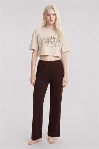 Akbeniz Baskılı Crop T-Shirt Pantolon Takım Kum Kahve