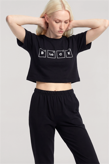 Akbeniz Baskılı Crop T-Shirt Pantolon Takım Siyah
