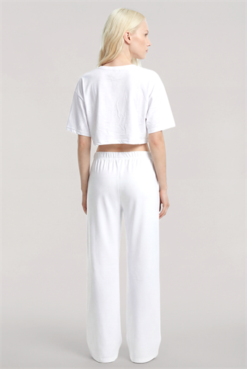 Akbeniz Baskılı Crop T-Shirt Pantolon Takım Beyaz