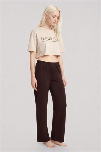 Akbeniz Baskılı Crop T-Shirt Pantolon Takım Kum Kahve