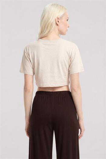 Akbeniz Baskılı Crop T-Shirt Pantolon Takım Kum Kahve
