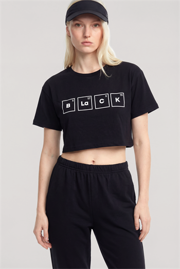 Akbeniz Baskılı Crop T-Shirt Pantolon Takım Siyah