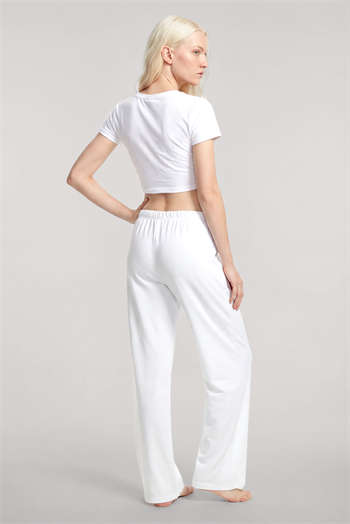 Akbeniz Baskılı Crop T-Shirt Pantolon Takım Beyaz