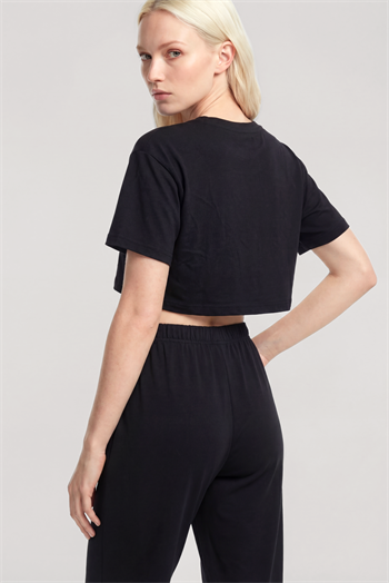 Akbeniz Baskılı Crop T-Shirt Pantolon Takım Siyah