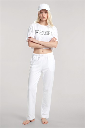 Akbeniz Baskılı Crop T-Shirt Pantolon Takım Beyaz