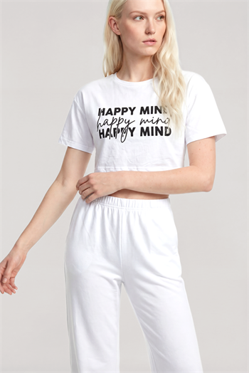Akbeniz Baskılı Crop T-Shirt Pantolon Takım Beyaz