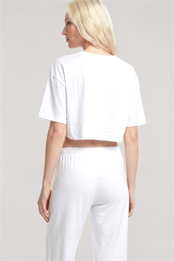 Akbeniz Baskılı Crop T-Shirt Pantolon Takım Beyaz
