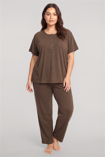 Akbeniz Büyük Beden Düğmeli Kısa Kollu Pijama Takımı Kahverengi