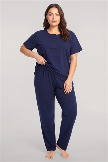 Akbeniz Büyük Beden Düğmeli Kısa Kollu Pijama Takımı Lacivert