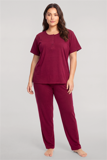 Akbeniz Büyük Beden Düğmeli Kısa Kollu Pijama Takımı Vişne