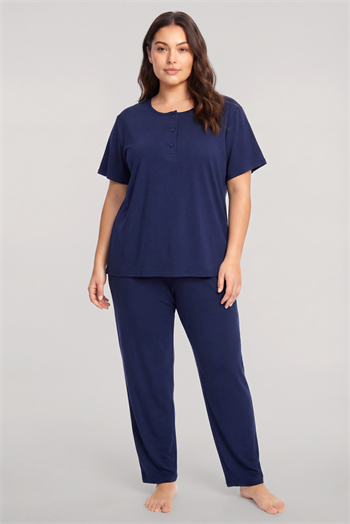 Akbeniz Büyük Beden Düğmeli Kısa Kollu Pijama Takımı Lacivert