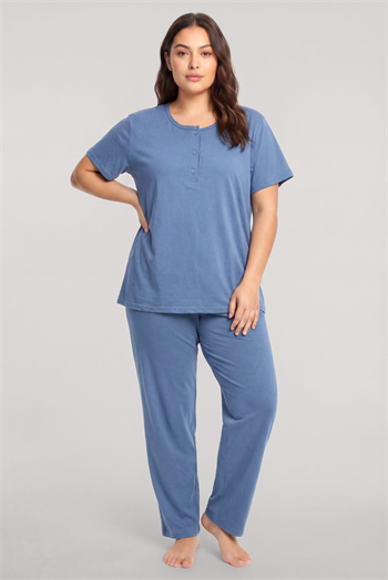 Akbeniz Büyük Beden Düğmeli Kısa Kollu Pijama Takımı Mavi