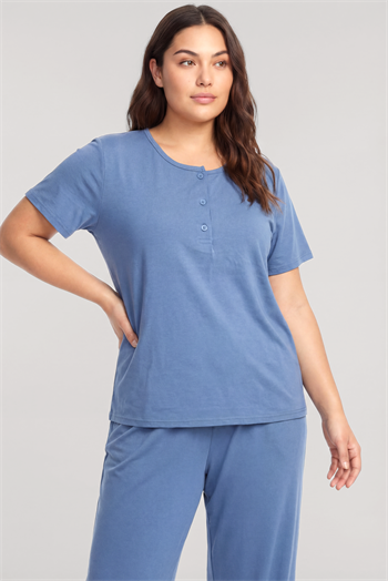 Akbeniz Büyük Beden Düğmeli Kısa Kollu Pijama Takımı Mavi