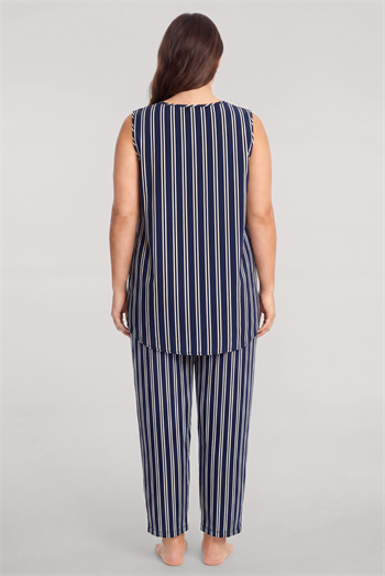 Akbeniz Büyük Beden Lacivert Çizgili Yelekli Yazlık Pijama Takımı