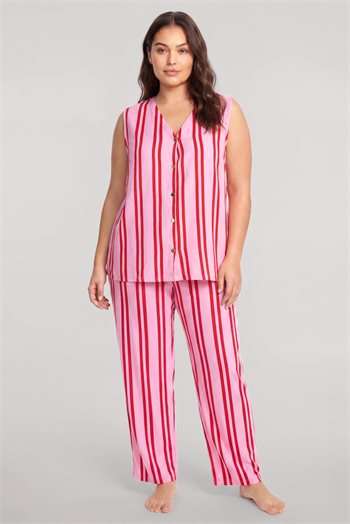 Akbeniz Büyük Beden Pembe Çizgili Yelekli Yazlık Pijama Takımı
