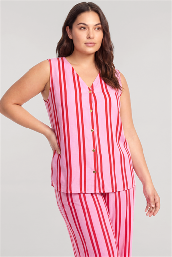 Akbeniz Büyük Beden Pembe Çizgili Yelekli Yazlık Pijama Takımı