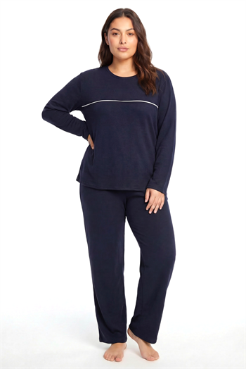 Akbeniz Büyük Beden Şerit Detaylı Kalın Uzun Kollu Kadın Pijama Takımı  Lacivert