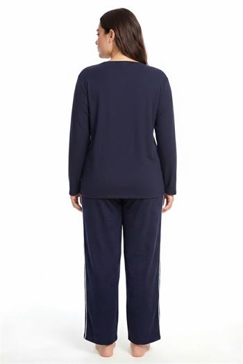 Akbeniz Büyük Beden Şerit Detaylı Kalın Uzun Kollu Kadın Pijama Takımı  Lacivert