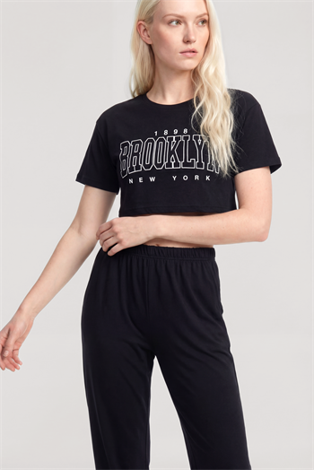 Akbeniz Crop T-Shirt Pantolon Takım Siyah