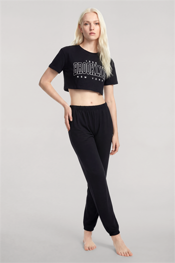 Akbeniz Crop T-Shirt Pantolon Takım Siyah
