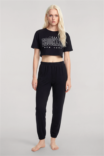 Akbeniz Crop T-Shirt Pantolon Takım Siyah