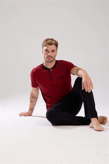 Akbeniz Erkek Bordo Düğmeli Yaka Kısa Kol Pijama Takımı