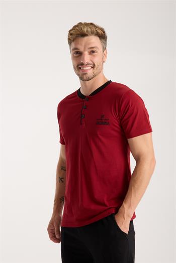 Akbeniz Erkek Bordo Düğmeli Yaka Kısa Kol Pijama Takımı