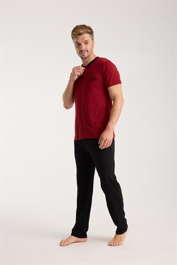 Akbeniz Erkek Bordo Düğmeli Yaka Kısa Kol Pijama Takımı