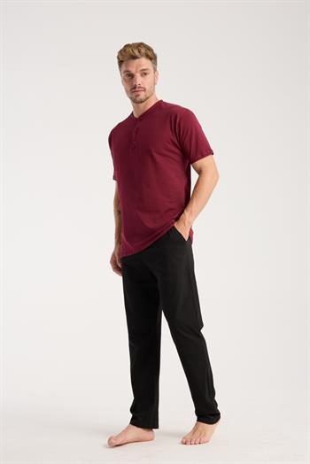 Akbeniz Erkek Bordo Düğmeli Yaka Kısa Kol Pijama Takımı