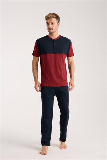 Akbeniz Erkek Bordo Düğmeli Yaka Kısa Kol Pijama Takımı