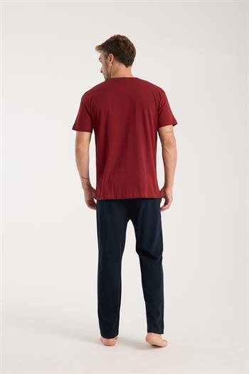 Akbeniz Erkek Bordo Düğmeli Yaka Kısa Kol Pijama Takımı