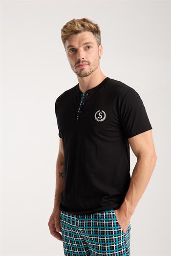 Akbeniz Erkek Düğmeli Yaka Siyah Kısa Kol Pijama Takımı