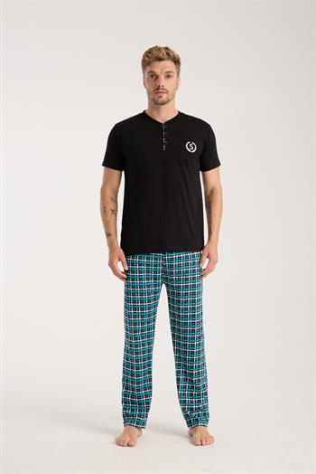 Akbeniz Erkek Düğmeli Yaka Siyah Kısa Kol Pijama Takımı