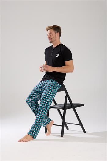 Akbeniz Erkek Düğmeli Yaka Siyah Kısa Kol Pijama Takımı