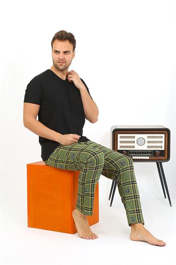 Akbeniz Erkek Ekoseli Desen Penye Tek Alt Pijama 27540 Haki