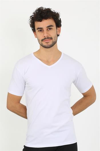 Akbeniz Erkek Likralı V Yaka Beyaz T-Shirt 65700