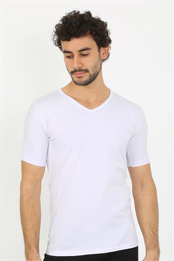 Akbeniz Erkek Likralı V Yaka Beyaz T-Shirt 65700
