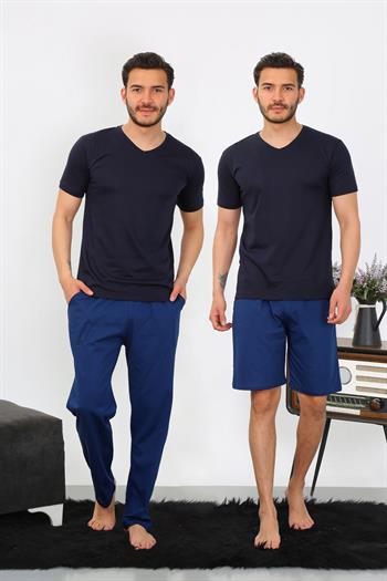 Akbeniz Erkek Penye 3lü Lacivert V Yaka Pijama Takımı 6822