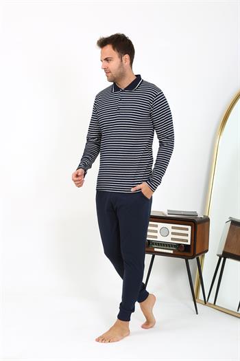 Akbeniz Erkek Polo Yaka Uzun Kol Penye Pijama Takımı Lacivert 6864