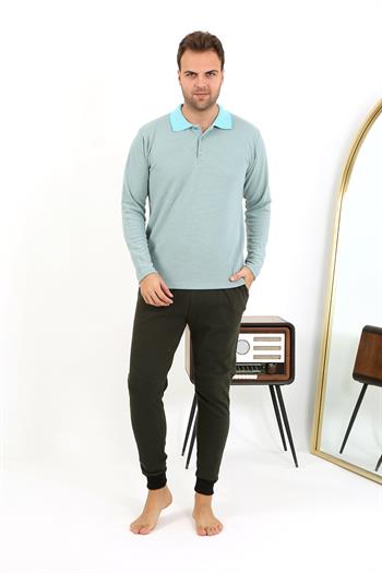 Akbeniz Erkek Polo Yaka Uzun Kol Penye Pijama Takımı 6862 Su Yeşili