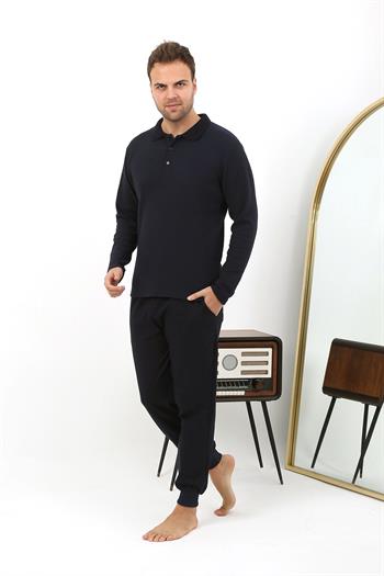 Akbeniz Erkek Polo Yaka Uzun Kol Penye Pijama Takımı 6862 Lacivert