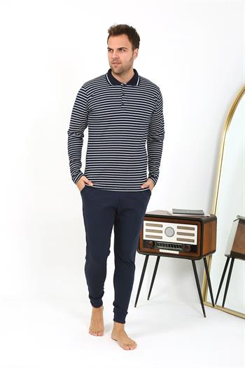 Akbeniz Erkek Polo Yaka Uzun Kol Penye Pijama Takımı Lacivert 6864